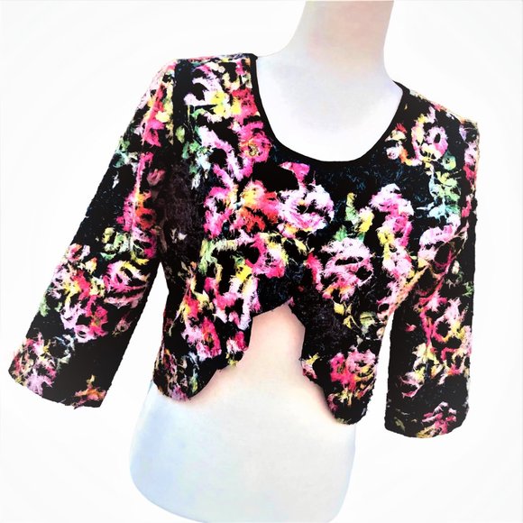 CLASS COLLECTION Retro Eyelash Fringe Trims Embroidery Cropped Top Size S/M - Picture 2 of 5